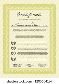Yellow Awesome Certificate template. Money Pattern. With great quality guilloche pattern. Detailed. 