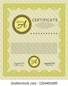 Yellow Awesome Certificate template. Money style design. With complex linear background. Detailed. 