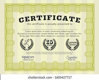 Yellow Awesome Certificate template. Money Pattern design. Detailed. With guilloche pattern and background. 