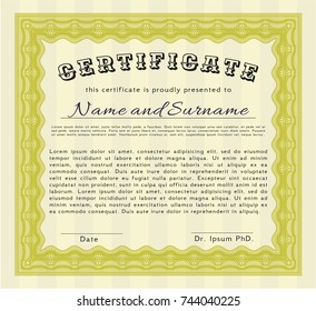 Yellow Awesome Certificate template. Money style design. Vector illustration. Printer friendly. 