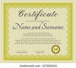 Yellow Awesome Certificate template. Nice design. With guilloche pattern and background. Vector illustration. 