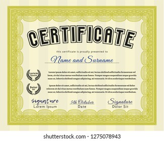 Yellow Awesome Certificate template. Perfect design. With guilloche pattern. Detailed. 