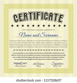 Yellow Awesome Certificate template. Printer friendly. Elegant design. Vector illustration. 