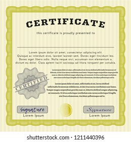 Yellow Awesome Certificate template. Printer friendly. Nice design. Vector illustration. 