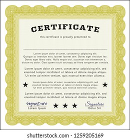 Yellow Awesome Certificate template. Printer friendly. Vector illustration. Superior design. 