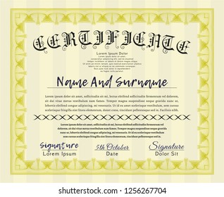 Yellow Awesome Certificate template. Retro design. With guilloche pattern. Customizable, Easy to edit and change colors. 
