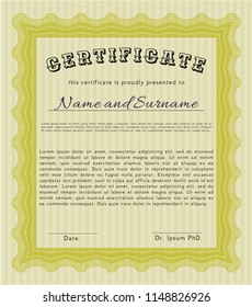 Yellow Awesome Certificate template. Sophisticated design. With guilloche pattern and background. Vector illustration. 