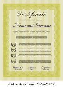 Yellow Awesome Certificate template. Superior design. With guilloche pattern. Detailed. 