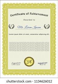 Yellow Awesome Certificate template. Vector illustration. With great quality guilloche pattern. Modern design. 