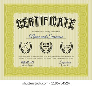 Yellow Awesome Certificate template. Vector illustration. Printer friendly. Money design. 