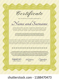 Yellow Awesome Certificate template. Vector illustration. With complex linear background. Nice design. 