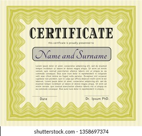 Yellow Awesome Certificate template. Vector illustration. With guilloche pattern and background. Artistry design. 