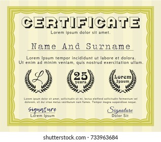 Yellow Awesome Certificate template. Vector illustration. With guilloche pattern and background. Money style design. 