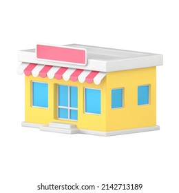 Yellow awning store shop 3d icon realistic vector illustration. Cute urban boutique facade architecture with door and window isometric. Local grocery market supermarket exterior. Small business retail