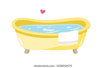 Yellow baby bathtub with foam, soap bubbles and a yellow rubber duck. Bathtub cartoon clipart in flat style isolated on white background. Baby shower, baby element set.