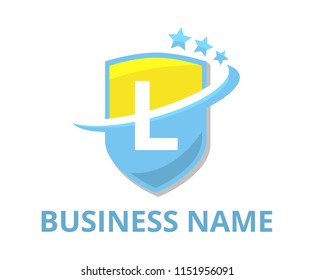 yellow and baby blue color shield get slice into half logo graphic design with modern clean style for protection or security company with initial type letter l on it
