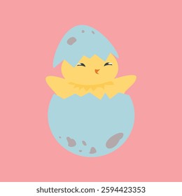 Yellow baby chick in a broken blue eggshell on a pink background vector