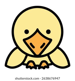 Yellow baby chick or rubber duck. Cute farm animal clip art with flat coloring of pastel yellow and orange with black outline. Front facing sticker icon on white isolated background. Vector EPS 10.