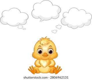 A yellow baby chicken sits below three blank thought bubbles on a white background.