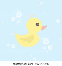 Yellow baby duck for bathing, with soap bubbles, vector