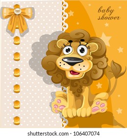 Yellow baby shower card with cute cartoon lion