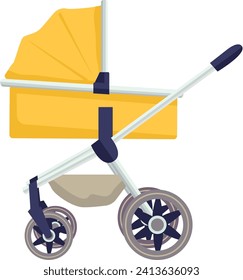 Yellow baby stroller with a canopy and large wheels. Modern pram design, childcare and transportation vector illustration.