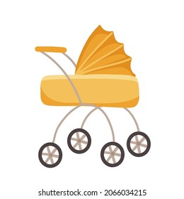 Yellow baby stroller with cmall wheels in flat style. Gender-neutral carriage or buggy of yellow color icon flat style vector illustration. Vintage baby carriege.
