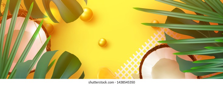 Yellow backdrop Summer tropical background. various fruit, green leaves, palm branches, realistic coconut open.  Border frame for text Flat lay, top view horizontal banner, poster card, website header