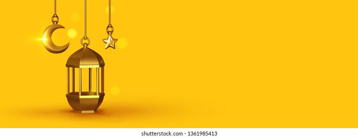 Yellow Background 3d design is arabian vintage decorative hanging lamp are on fire. Decoration light lantern, gold stars on ribbon and golden crescent moon. horizontal banner, blank poster template,