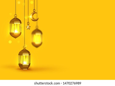 Yellow Background 3d design is arabian vintage decorative hanging lamp are on fire. Decoration light lantern, gold stars on ribbon and golden crescent moon.