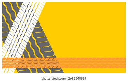 Yellow background with abstract black and white and orange tire tracks. Vector background