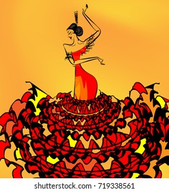 yellow background and abstract image of Spanish dancer in red-black dress