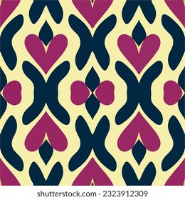 Yellow background adorned with hearts, an art deco inspired seamless pattern for fabric and surface design.