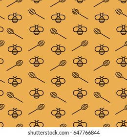 Yellow background with bees and honey spoons. Vector seamless honey pattern. Can be used for print on clothes, honey package, banner, wrapping paper. EPS10.