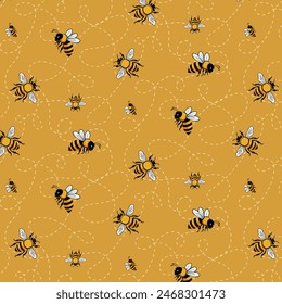 Fondo amarillo con abejas. Patrón sin fisuras de Vector con abejas sobre un fondo amarillo con una línea de puntos.