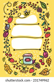 Yellow background with berries and jam jars.