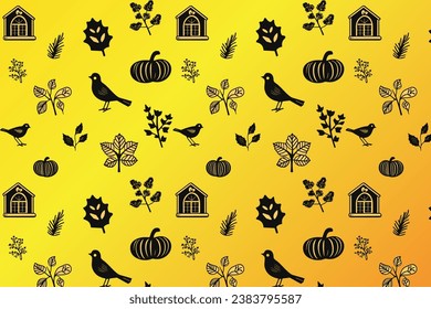 Un fondo amarillo con pájaros negros, calabazas, hojas y casa