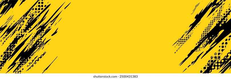 Fondo amarillo con pintura de pincel negro y puntos