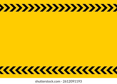 Yellow background with black chevron tape print at top and bottom. Attention, danger, stop or caution sign. Forbidden, restricted, notice or warning banner. Vector flat illustration.