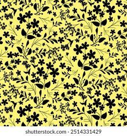 Yellow background with black flowers.Vector seamless pattern with black flowers on a yellow background.