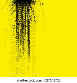 Yellow background with black grunge tire track and ink blots