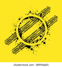 Yellow background with black ink blots and tire tracks