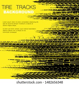 Yellow background with black tire track silhouettes and sample text
