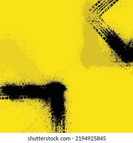 Yellow background with black tire track frames and ink blots corners