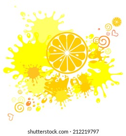 Yellow background with blots and lemon. Vector Illustration 