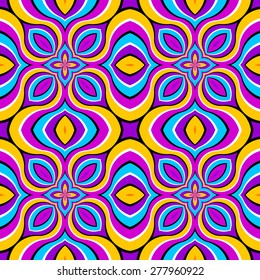 Yellow background with blue  flowers (motion illusion). Seamless pattern.