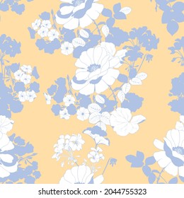 Yellow background with blue flowers. Seamless vector pattern for wrapping, wallpaper, fabric