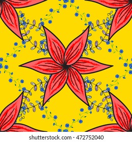 Yellow background with blue leaves with floral doodles and five red flowers.