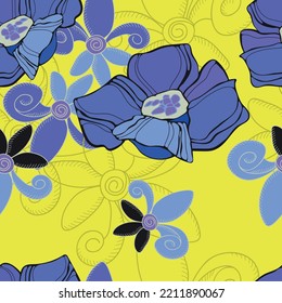 Fondo amarillo y flores de estilo azul sobre él. Imprimible, sin fin.