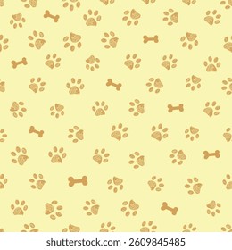 Yellow background brown colored doodles paw prints and bones seamless fabric design pattern